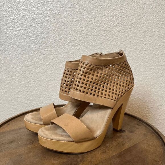 Loeffler Randal Tan Leather Woven Wooden Platform Sandals Women's Size 10 - Picture 1 of 8